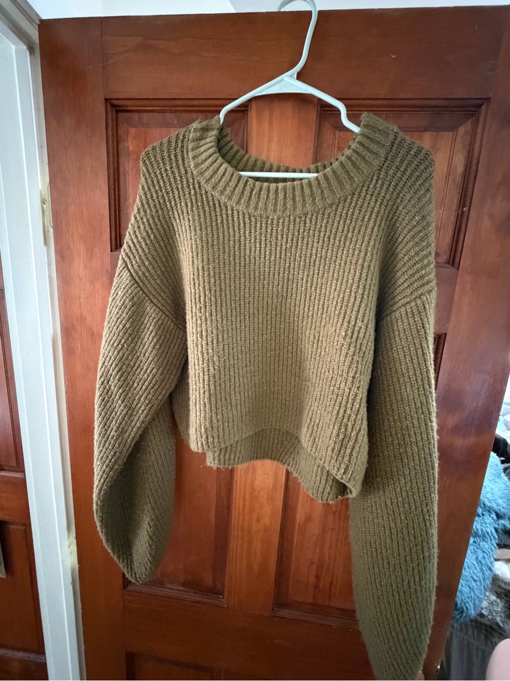 Urban Outfitters Olive Ribbed Cropped Crewneck Sweater